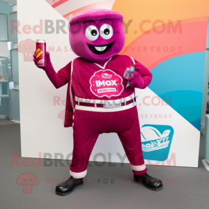 Magenta Soda Can mascot costume character dressed with a Running Shorts and Lapel pins