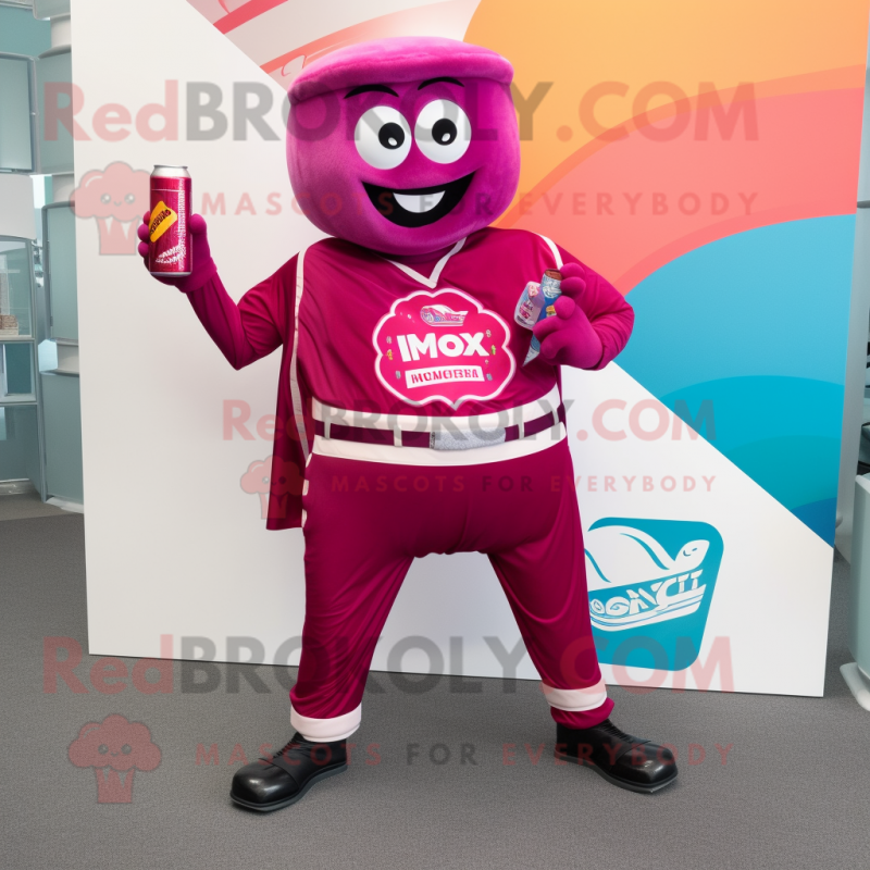 Magenta Soda Can mascot costume character dressed with a Running Shorts and Lapel pins Magenta Soda Can mascot costume character dressed with a Running Shorts and Lapel pins