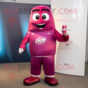 Magenta Soda Can mascot costume character dressed with a Running Shorts and Lapel pins