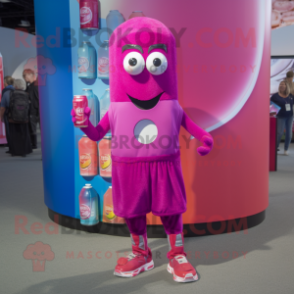 Magenta Soda Can mascot costume character dressed with a Running Shorts and Lapel pins