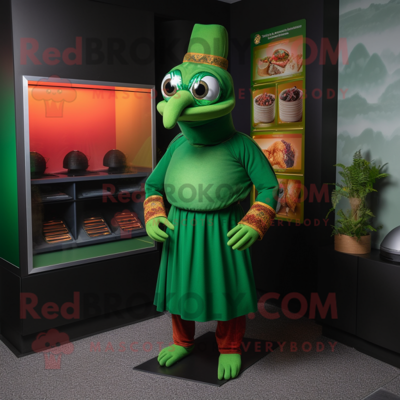 Forest Green Tandoori Chicken mascot costume character dressed with a Turtleneck and Caps Forest Green Tandoori Chicken mascot costume character dressed with a Turtleneck and Caps