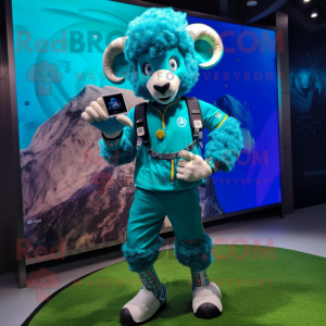 Turquoise Ram mascot costume character dressed with a Romper and Smartwatches