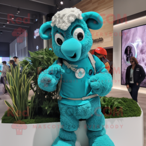 Turquoise Ram mascot costume character dressed with a Romper and Smartwatches