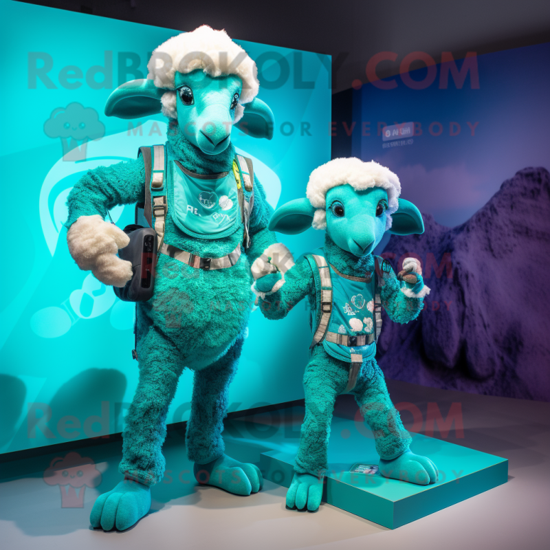 Turquoise Ram mascot costume character dressed with a Romper and Smartwatches