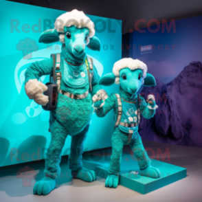 Turquoise Ram mascot costume character dressed with a Romper and Smartwatches