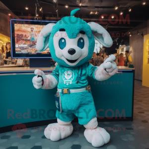 Turquoise Ram mascot costume character dressed with a Romper and Smartwatches