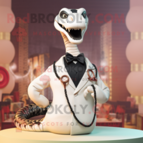 Cream Titanoboa mascot costume character dressed with a Tuxedo and Necklaces