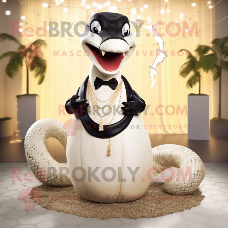 Cream Titanoboa mascot costume character dressed with a Tuxedo and Necklaces