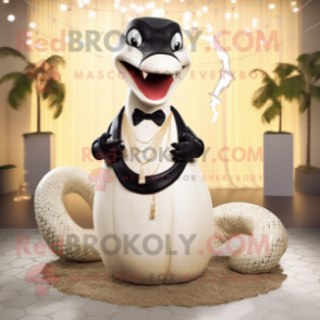 Cream Titanoboa mascot costume character dressed with a Tuxedo and Necklaces