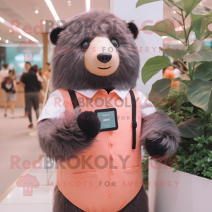Peach Sloth Bear mascot costume character dressed with a Sheath Dress and Smartwatches