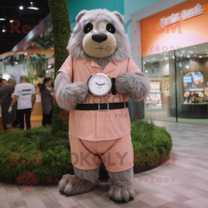 Peach Sloth Bear mascot costume character dressed with a Sheath Dress and Smartwatches