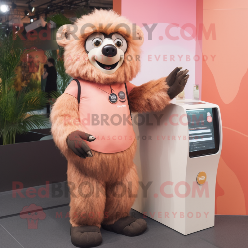 Peach Sloth Bear mascot costume character dressed with a Sheath Dress and Smartwatches