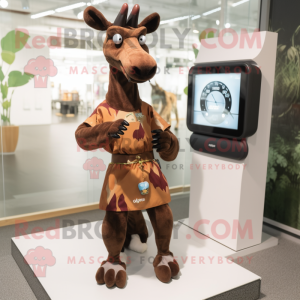 Brown Okapi mascot costume character dressed with a Dress and Digital watches