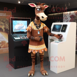 Brown Okapi mascot costume character dressed with a Dress and Digital watches