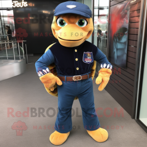 Navy Sea Turtle mascot costume character dressed with a Flare Jeans and Handbags