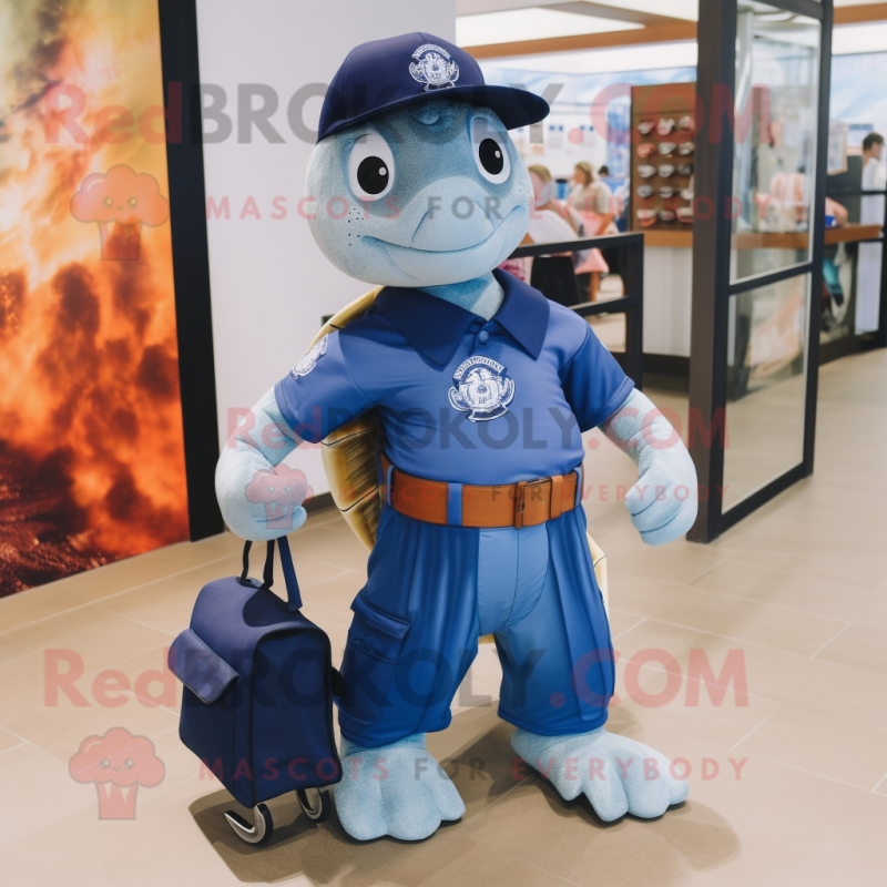 Navy Sea Turtle mascot costume character dressed with a Flare Jeans and Handbags Navy Sea Turtle mascot costume character dressed with a Flare Jeans and Handbags