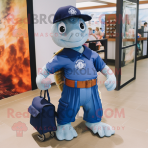 Navy Sea Turtle mascot costume character dressed with a Flare Jeans and Handbags