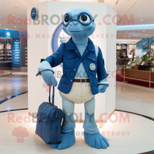 Navy Sea Turtle mascot costume character dressed with a Flare Jeans and Handbags