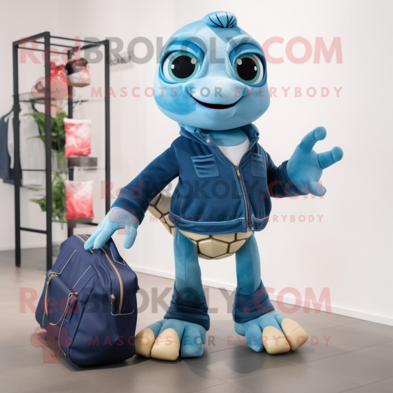 Navy Sea Turtle mascot costume character dressed with a Flare Jeans and Handbags