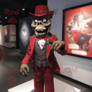 Red Undead mascot costume character dressed with a Waistcoat and Pocket squares