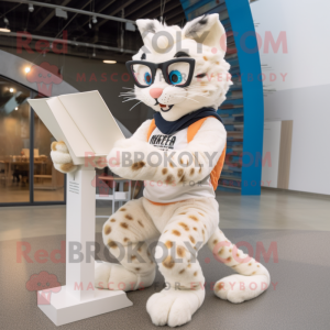 Cream Lynx mascot costume character dressed with a Leggings and Reading glasses