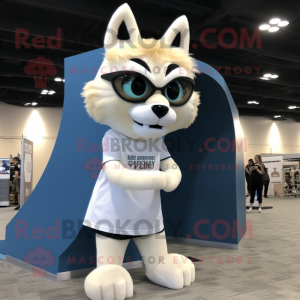 Cream Lynx mascot costume character dressed with a Leggings and Reading glasses