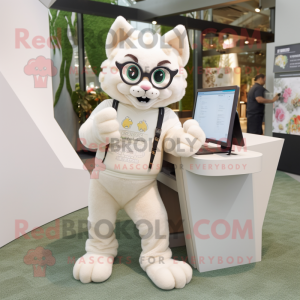 Cream Lynx mascot costume character dressed with a Leggings and Reading glasses