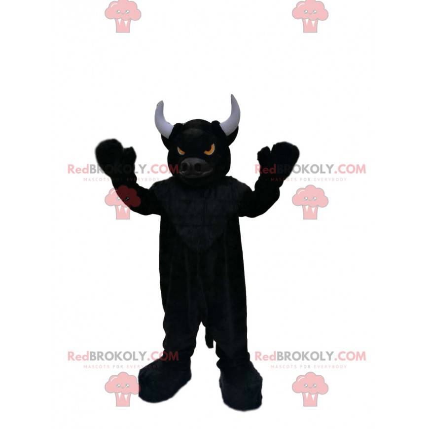 Mascotte toro nero molto bestiale con occhi ardenti -