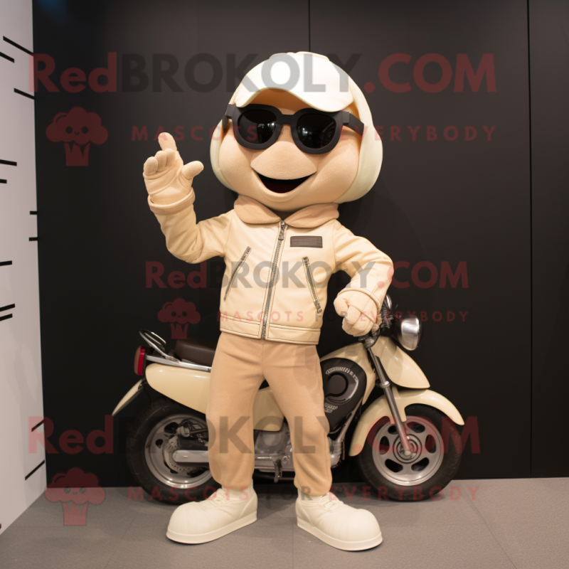 Beige Acrobat mascot costume character dressed with a Biker Jacket and Messenger bags