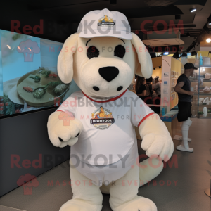 Cream Dog mascot costume character dressed with a T-Shirt and Caps