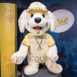Cream Dog mascot costume character dressed with a T-Shirt and Caps