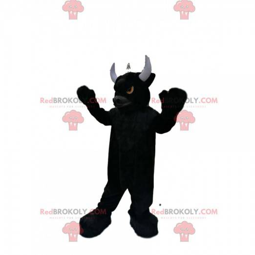 Bardzo bestialska maskotka czarnego byka z ognistymi oczami -