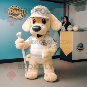 Cream Dog mascot costume character dressed with a T-Shirt and Caps