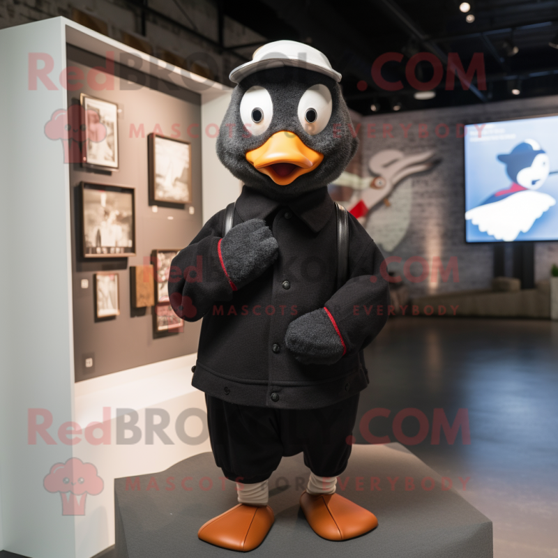 Black Geese mascot costume character dressed with a Sweater and Berets Black Geese mascot costume character dressed with a Sweater and Berets
