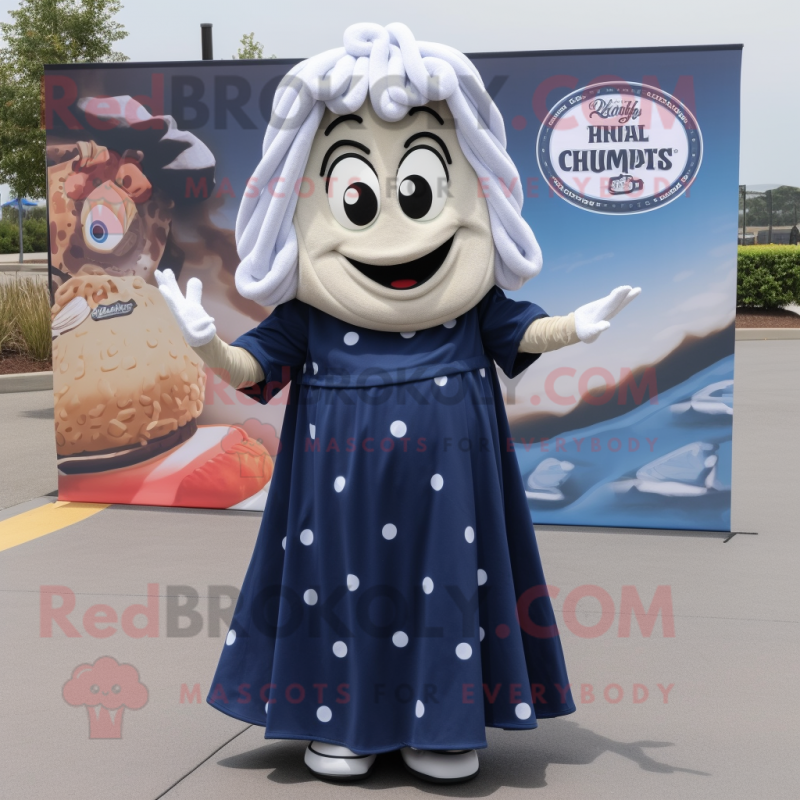 Navy Clam Chowder mascot costume character dressed with a Maxi Dress and Hair clips