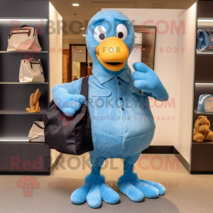 Sky Blue Dodo Bird mascot costume character dressed with a Bootcut Jeans and Tote bags