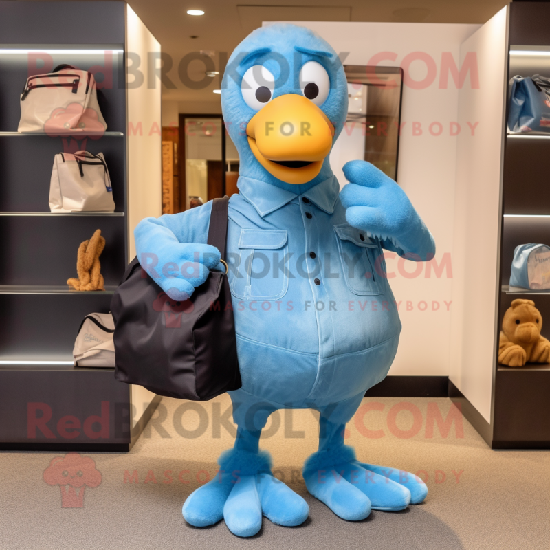 Sky Blue Dodo Bird mascot costume character dressed with a Bootcut Jeans and Tote bags Sky Blue Dodo Bird mascot costume character dressed with a Bootcut Jeans and Tote bags