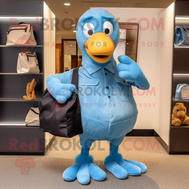 Sky Blue Dodo Bird mascot costume character dressed with a Bootcut Jeans and Tote bags