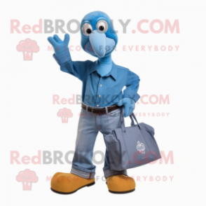 Sky Blue Dodo Bird mascot costume character dressed with a Bootcut Jeans and Tote bags