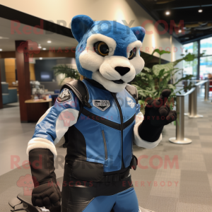 Blue Mountain Lion mascot costume character dressed with a Moto Jacket and Backpacks