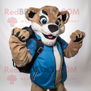 Blue Mountain Lion mascot costume character dressed with a Moto Jacket and Backpacks