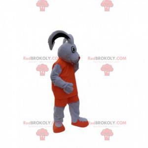 Mascote coelho branco com roupa esportiva laranja -