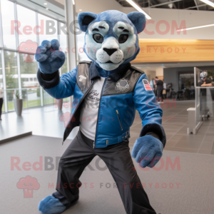 Blue Mountain Lion mascot costume character dressed with a Moto Jacket and Backpacks