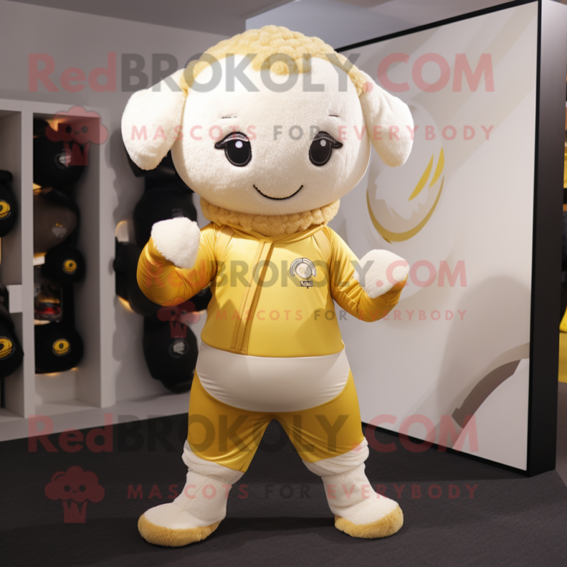 Gold Sheep mascot costume character dressed with a Yoga Pants and Lapel pins