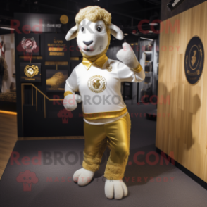 Gold Sheep mascot costume character dressed with a Yoga Pants and Lapel pins