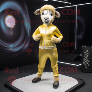 Gold Sheep mascot costume character dressed with a Yoga Pants and Lapel pins