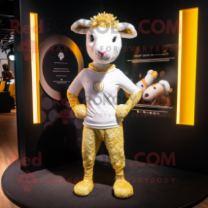 Gold Sheep mascot costume character dressed with a Yoga Pants and Lapel pins