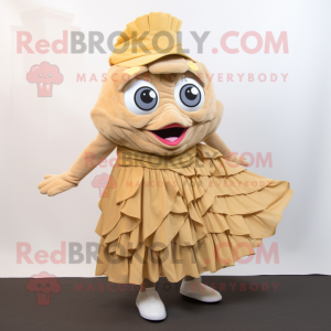 Tan Fish And Chips mascot costume character dressed with a Pleated Skirt and Caps