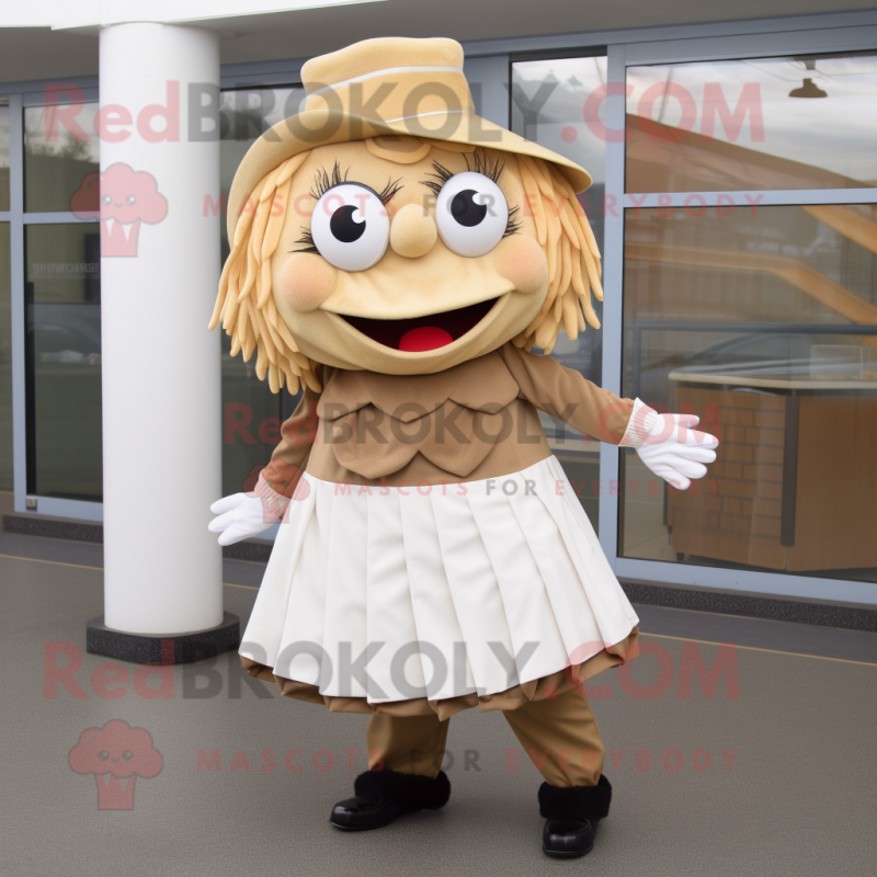 Tan Fish And Chips mascot costume character dressed with a Pleated Skirt and Caps Tan Fish And Chips mascot costume character dressed with a Pleated Skirt and Caps