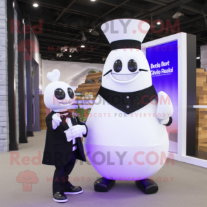 White Eggplant mascot costume character dressed with a Tuxedo and Smartwatches